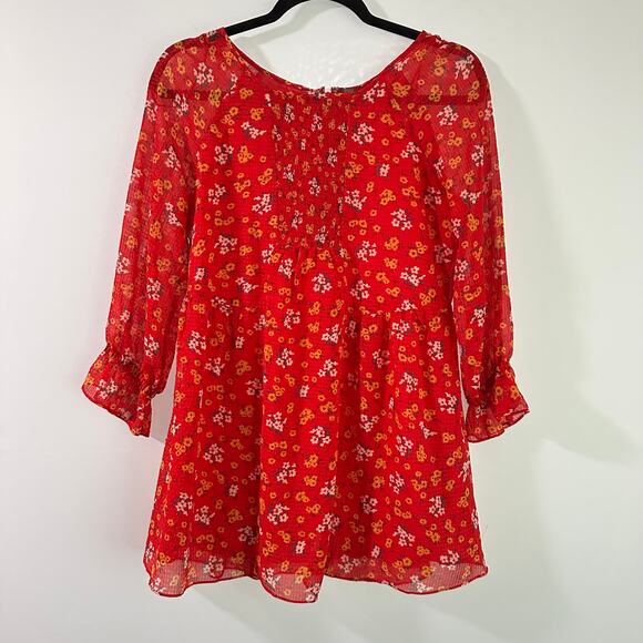 Free‎ People Red Floral Smocked Puff Sleeve Mini Babydoll Chiffon Dress Tunic S - Picture 1 of 10